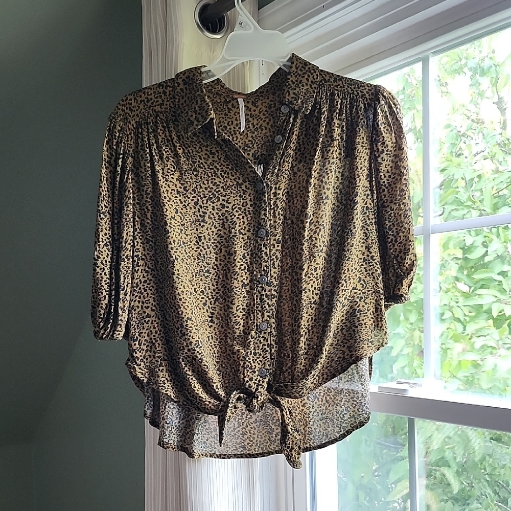 Free People Gold 3/4 Sleeve Tie Front Blouse